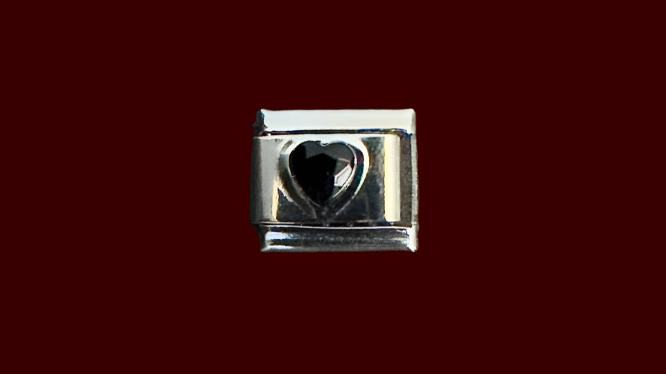 Black Heart Italian Charm – Silver Base