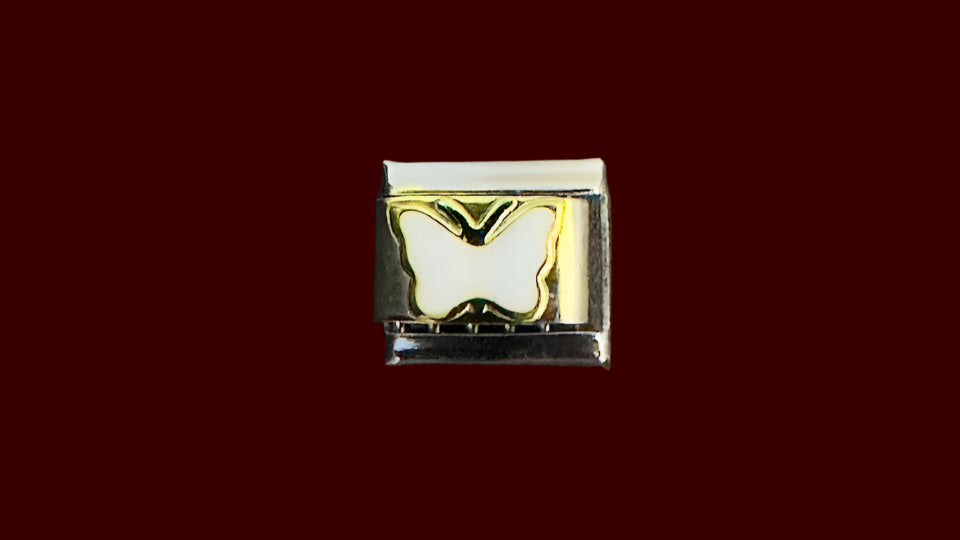 White Butterfly with Gold Outline Italian Charm – Silver Base
