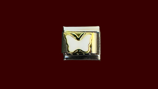 White Butterfly with Gold Outline Italian Charm – Silver Base